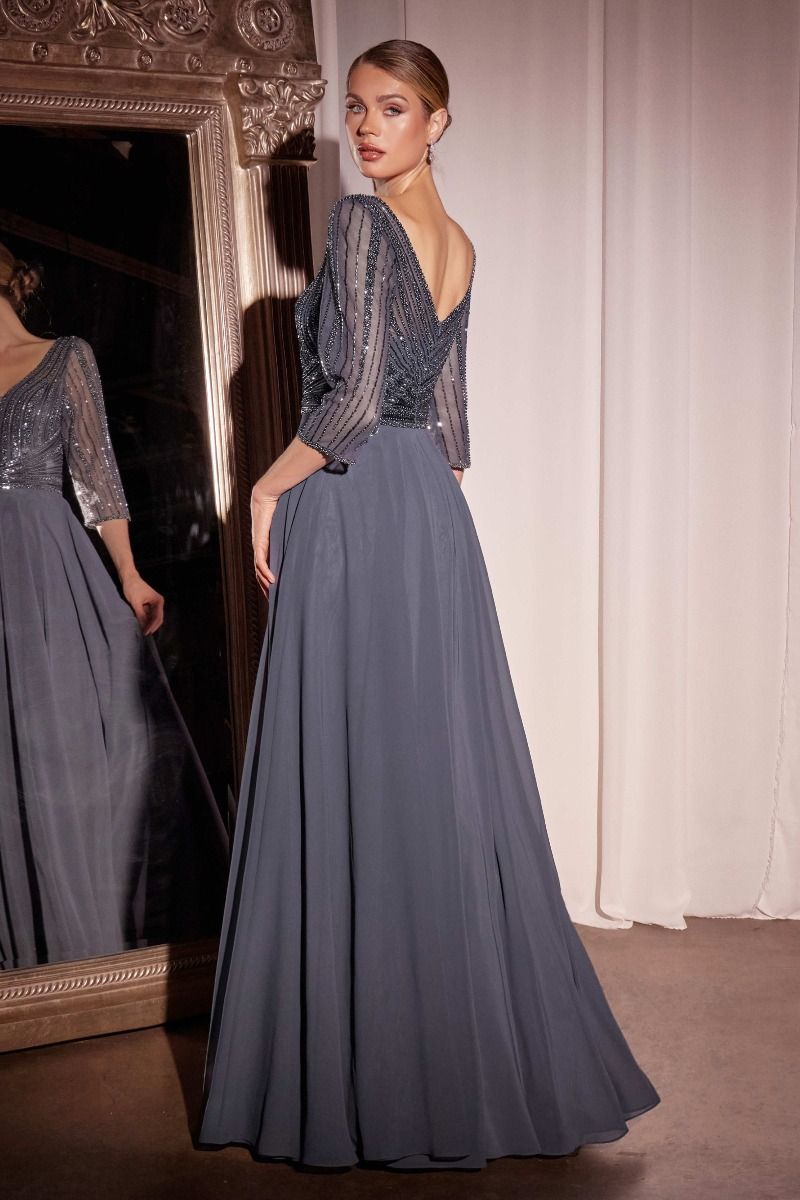 Three Quarter Sleeve Beaded Chiffon Dress