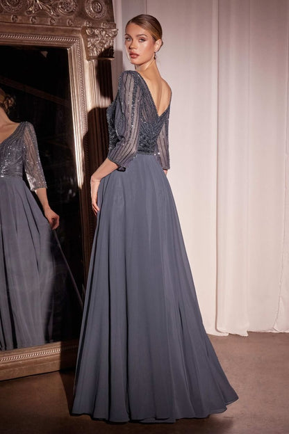Three Quarter Sleeve Beaded Chiffon Dress