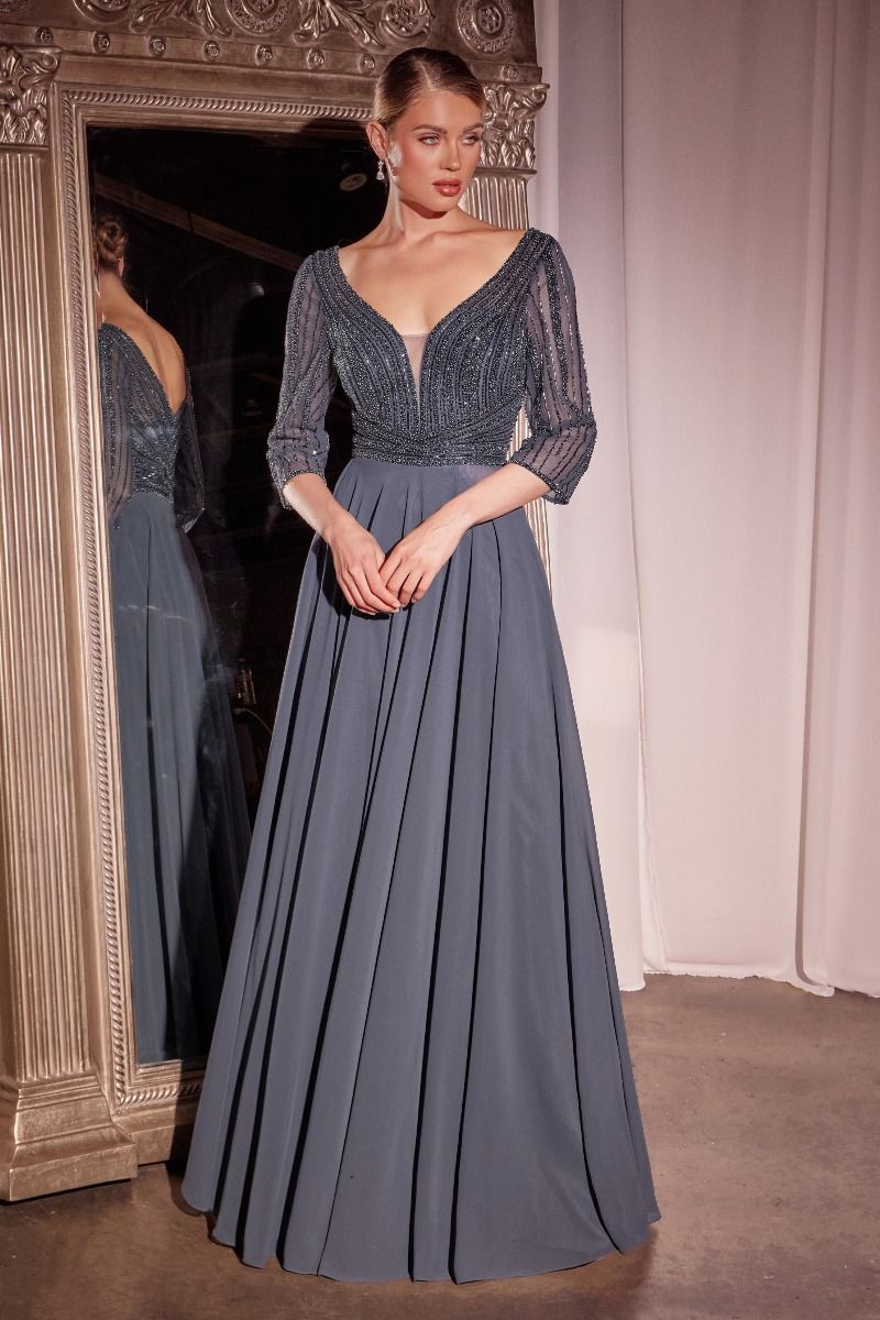 Three Quarter Sleeve Beaded Chiffon Dress