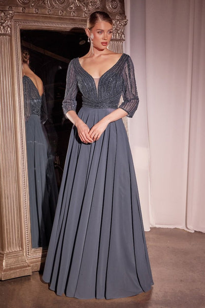 Three Quarter Sleeve Beaded Chiffon Dress