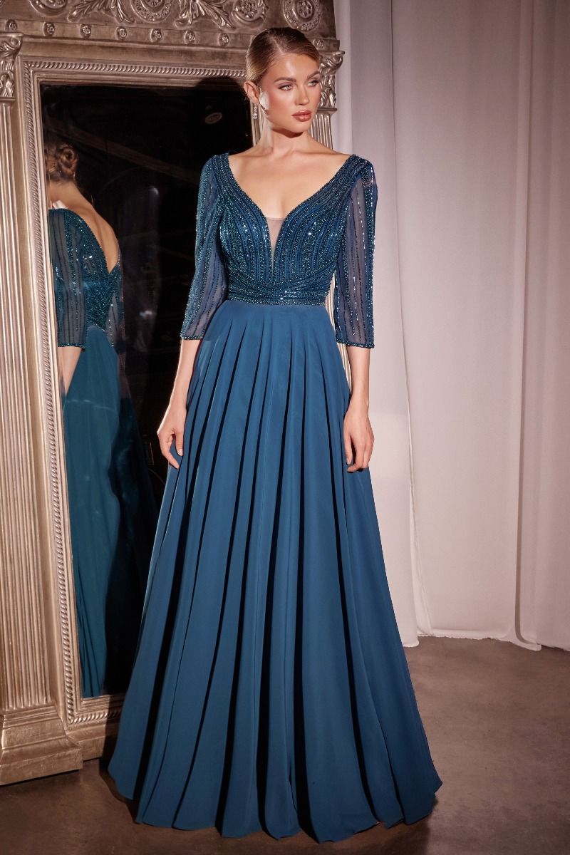 Three Quarter Sleeve Beaded Chiffon Dress