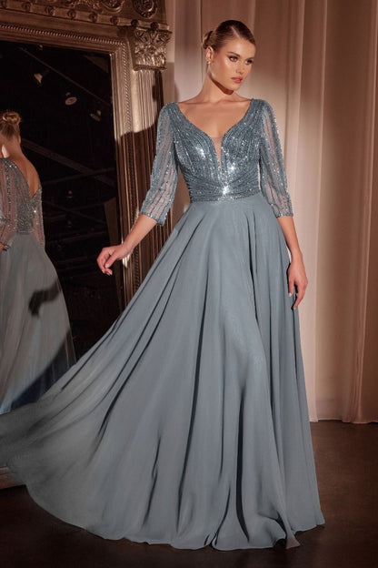 Three Quarter Sleeve Beaded Chiffon Dress