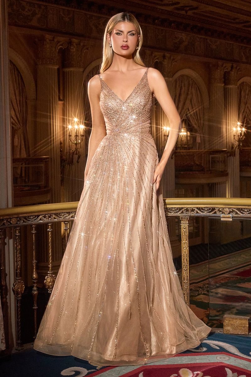 A-line dress with deep V-neck and spaghetti straps