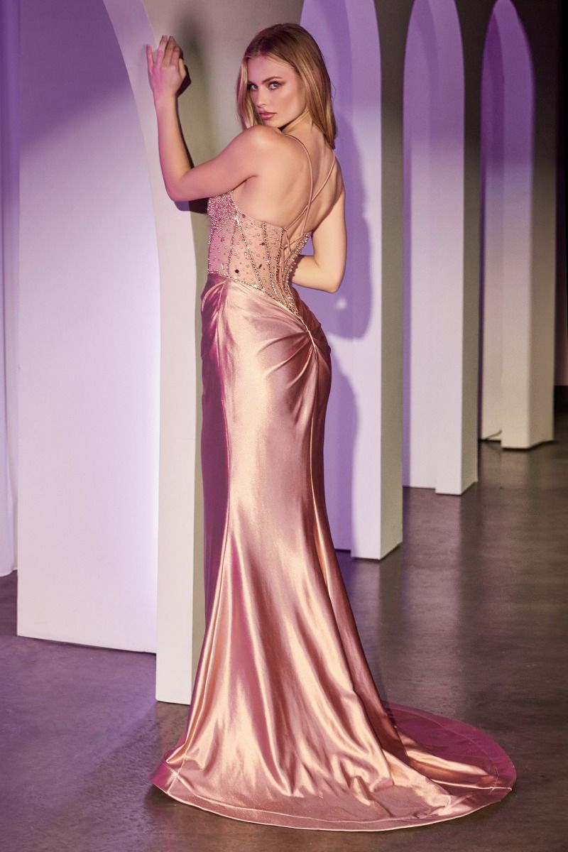 Fitted Rose Gold Satin Dress With Beaded Bodice