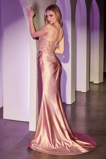 Fitted Rose Gold Satin Dress With Beaded Bodice
