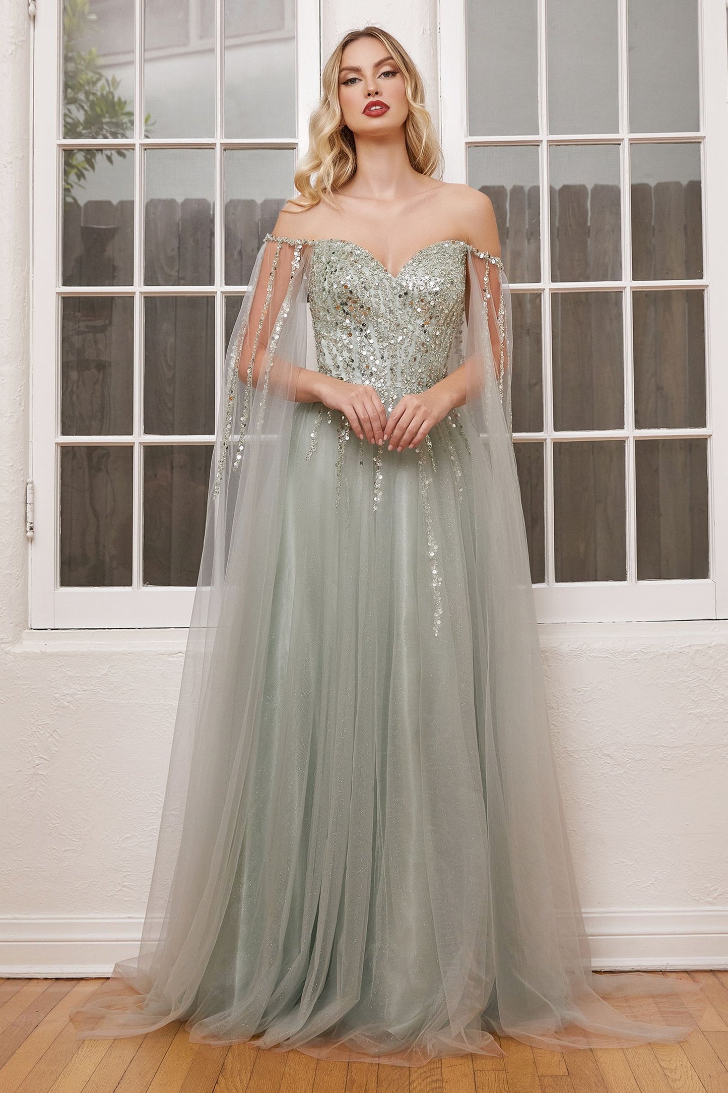 Beaded A-Line With Cape Sleeves