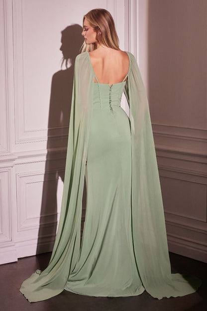 Chiffon Fitted Dress With Long Cape Sleeves