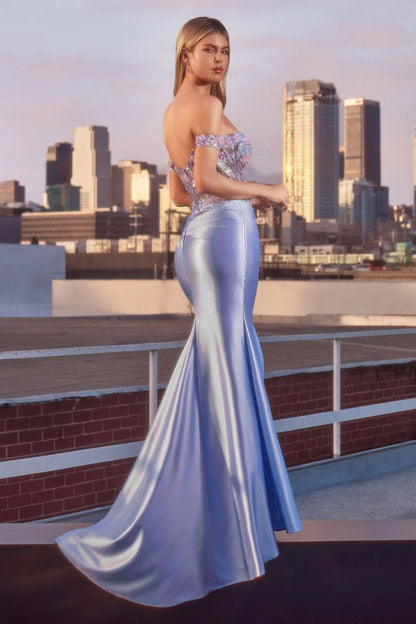 Off The Shoulder Floral Beaded & Satin Gown