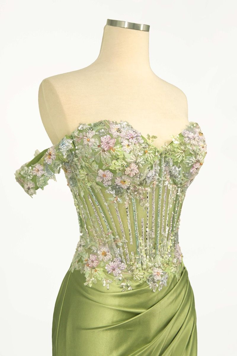 Off The Shoulder Floral Beaded & Satin Gown