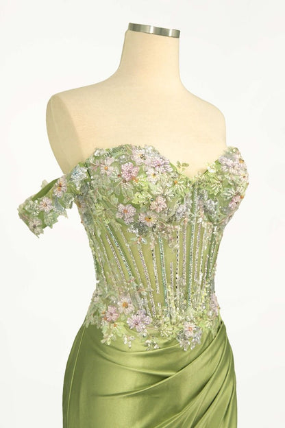 Off The Shoulder Floral Beaded & Satin Gown