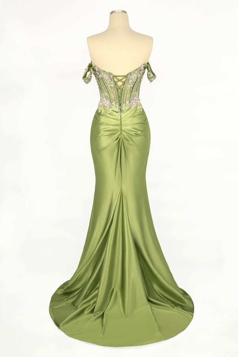 Off The Shoulder Floral Beaded & Satin Gown