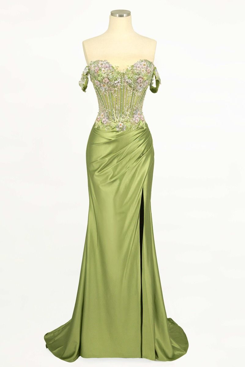 Off The Shoulder Floral Beaded & Satin Gown