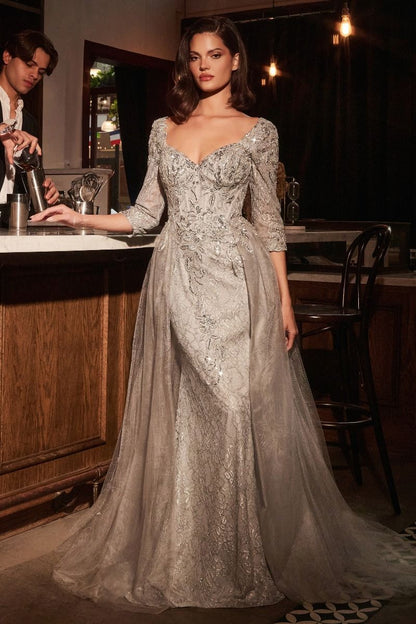 Lone Sleeve Lace Fitted Dress & Overskirt