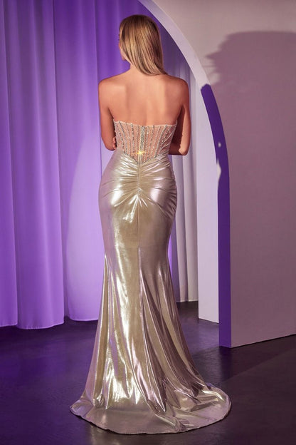 Strapless Fitted Metallic Lame' Gown