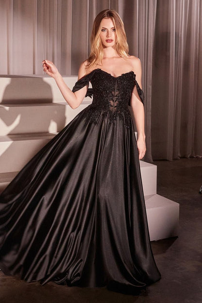 Off The Shoulder Lace & Satin A-Line Dress