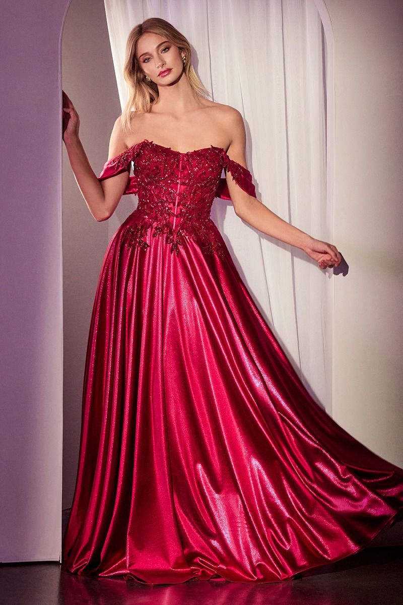 Off The Shoulder Lace & Satin A-Line Dress