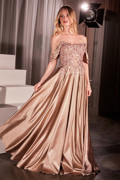 Off The Shoulder Lace & Satin A-Line Dress