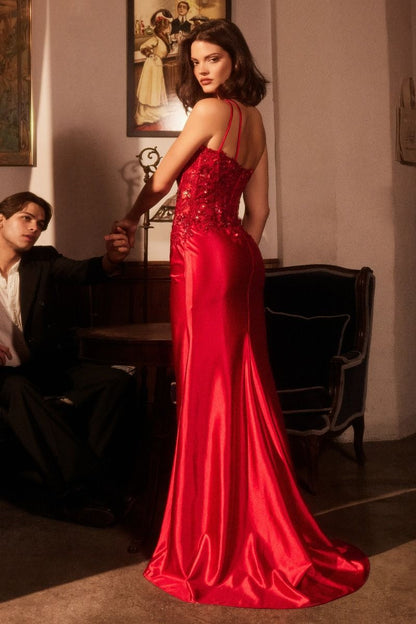 One Shoulder Satin Dress With Lace Applique
