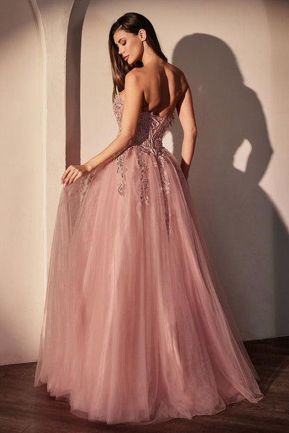 Strapless Pink Ball Gown With Floral Applique