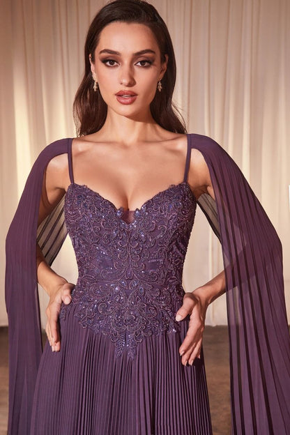 Pleated A-Line Gown With Cape Sleeves