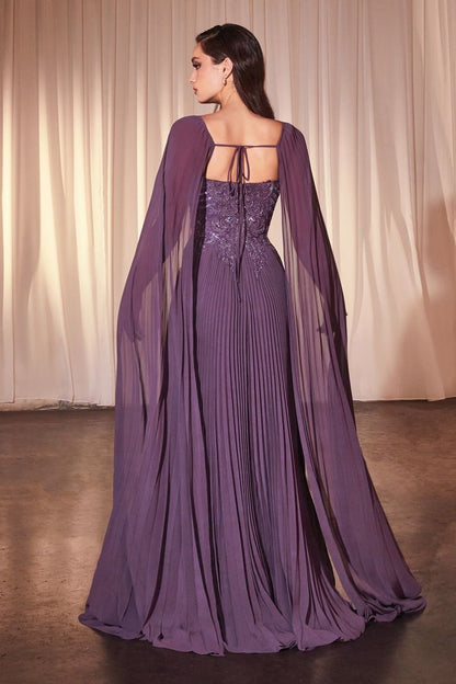 Pleated A-Line Gown With Cape Sleeves