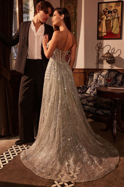 Strapless Glitter Printed Gown & Overskirt