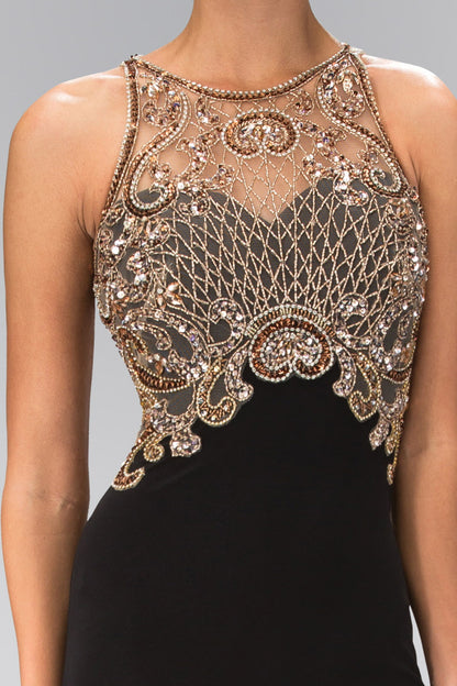 Floor Length Dress with Jewel Embellished Sheer Bodice and Back