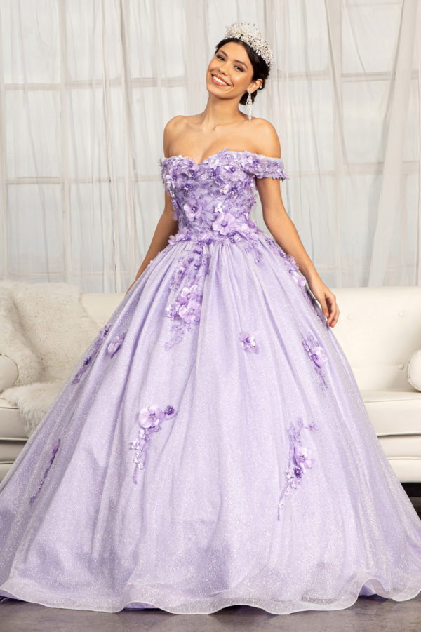 3D Floral Applique and Jewel Embellished Glitter Mesh Quinceanera Dress