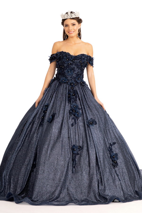 3D Floral Applique and Jewel Embellished Glitter Mesh Quinceanera Dress