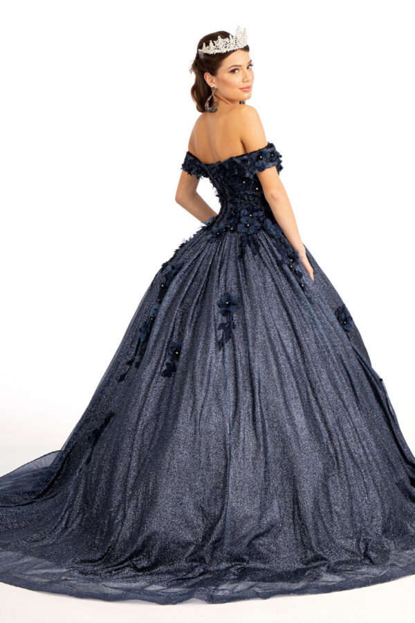 3D Floral Applique and Jewel Embellished Glitter Mesh Quinceanera Dress