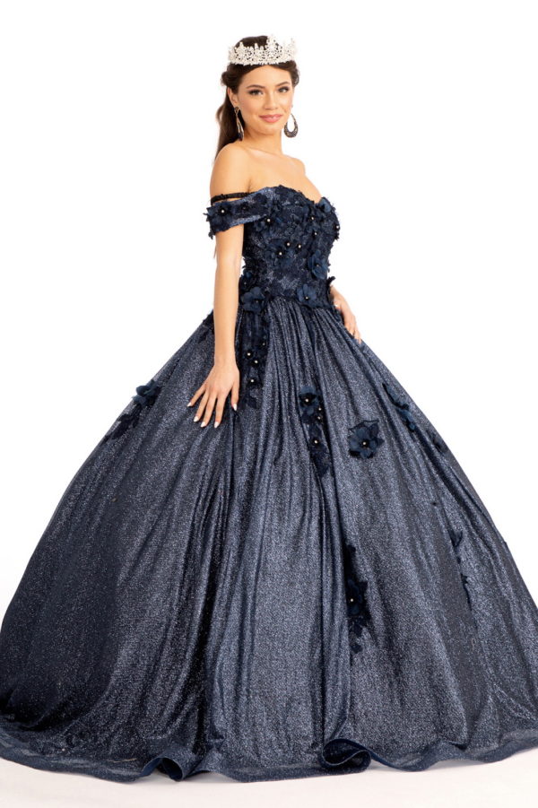 3D Floral Applique and Jewel Embellished Glitter Mesh Quinceanera Dress