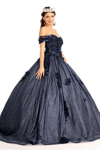 3D Floral Applique and Jewel Embellished Glitter Mesh Quinceanera Dress