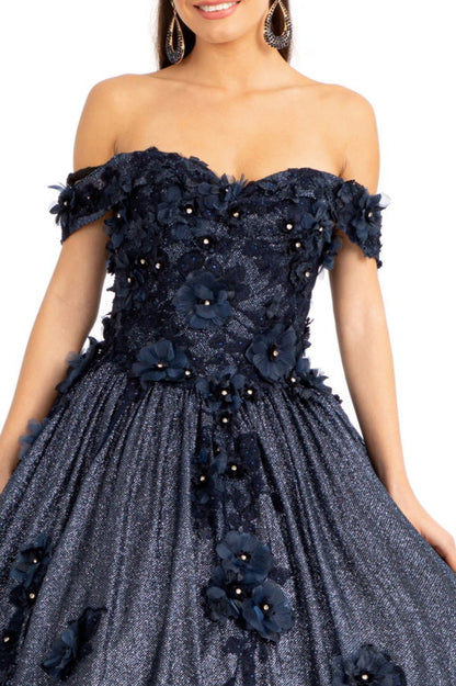 3D Floral Applique and Jewel Embellished Glitter Mesh Quinceanera Dress