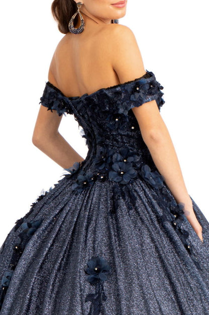 3D Floral Applique and Jewel Embellished Glitter Mesh Quinceanera Dress