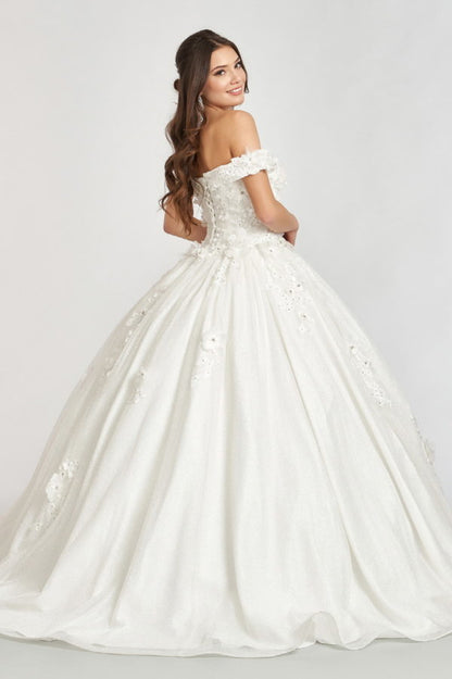3D Floral Applique and Jewel Embellished Glitter Mesh Quinceanera Dress
