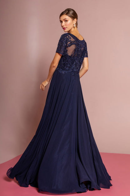 Beaded Bodice Cap Sleeve A-Line Chiffon Dress