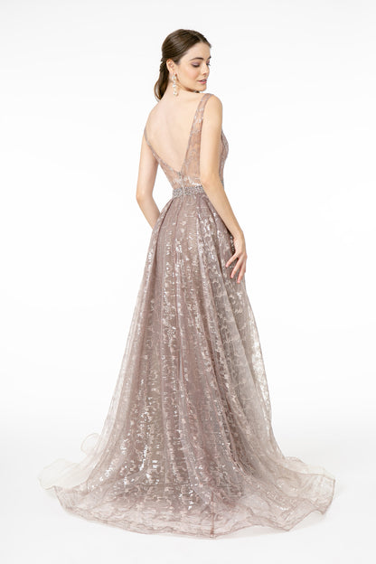 Embroidered Illusion V-Neck Mesh Long Dress w/ V-Back