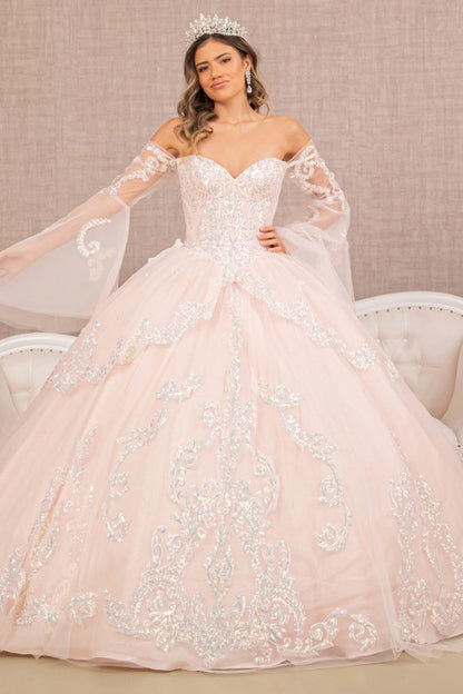 Glitter Layered Hem Quinceanera Gown w/ Long Mesh Sleeves