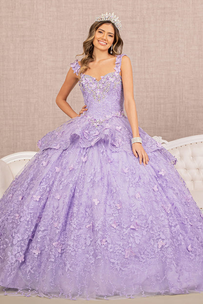 Jewel 3-D Butterfly Applique Off Shoulder Mesh Quinceanera Gown