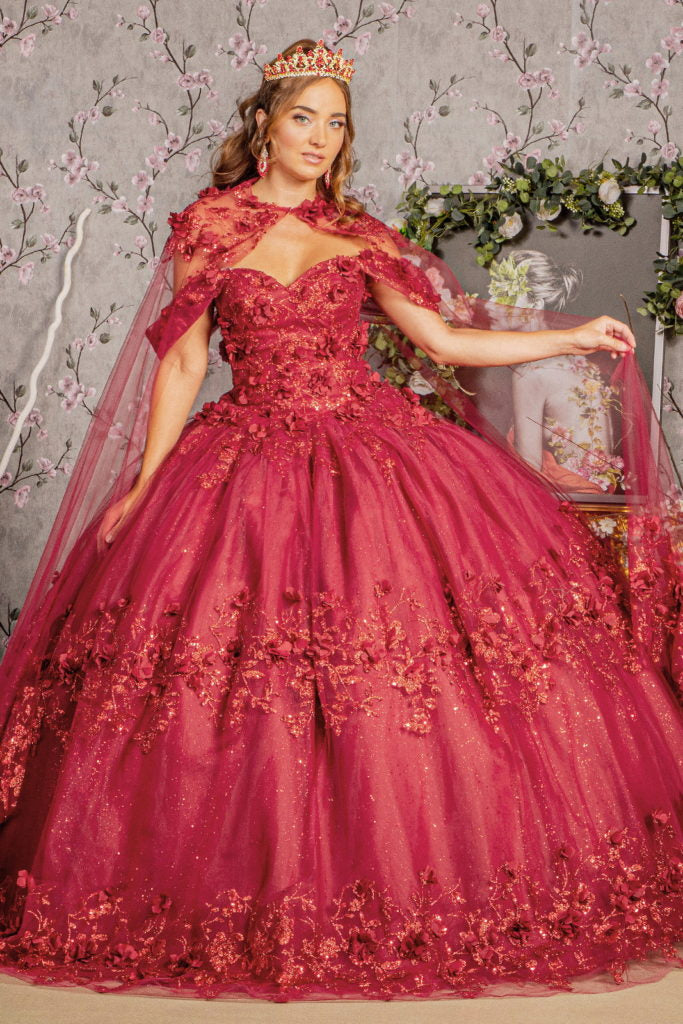 ثوب Quinceanera شبكي مزين بالزهور ثلاثي الأبعاد مع كيب شبكي طويل