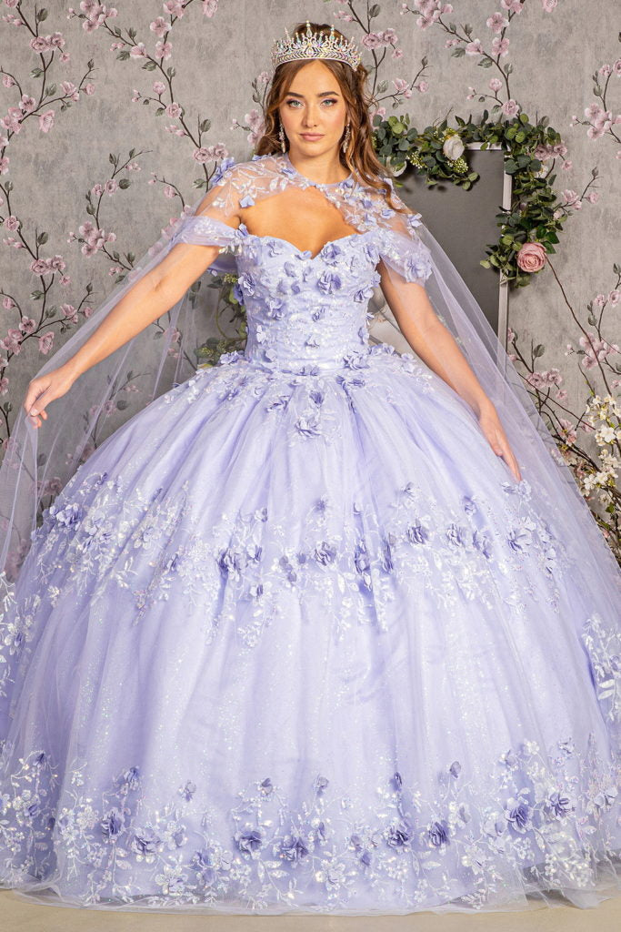 ثوب Quinceanera شبكي مزين بالزهور ثلاثي الأبعاد مع كيب شبكي طويل