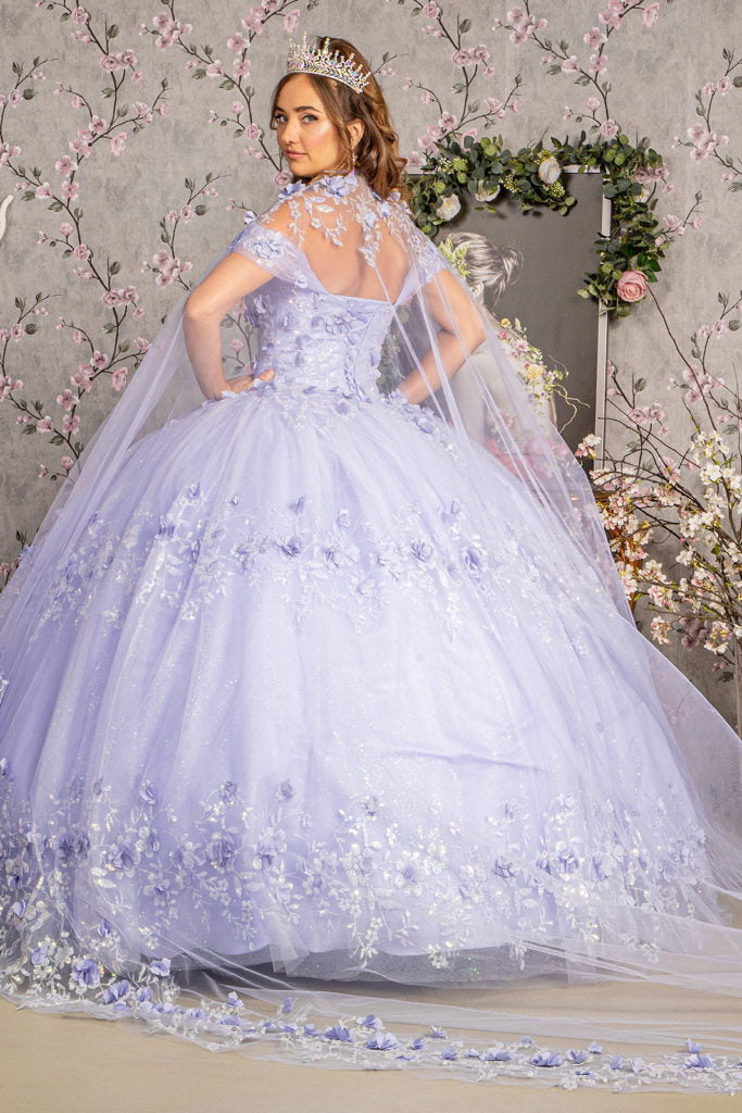 ثوب Quinceanera شبكي مزين بالزهور ثلاثي الأبعاد مع كيب شبكي طويل