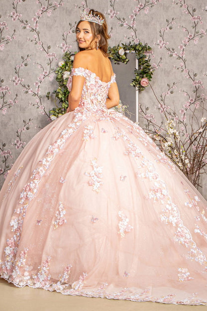 ثوب Quinceanera شبكي مزين بالزهور ثلاثي الأبعاد مع ذيل طويل
