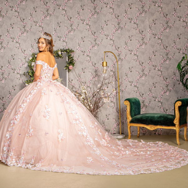 ثوب Quinceanera شبكي مزين بالزهور ثلاثي الأبعاد مع ذيل طويل