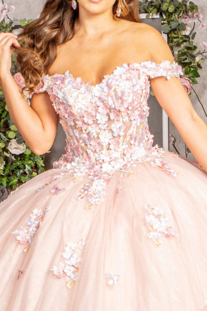ثوب Quinceanera شبكي مزين بالزهور ثلاثي الأبعاد مع ذيل طويل