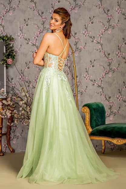3-D Butterfly Sheer Corset Bodice Mesh A-line Long Dress