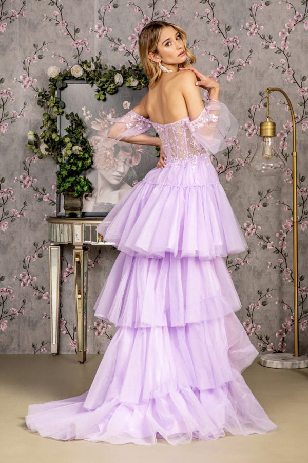 3-D Heart Applique Bead Layered Skirt Mesh A-line Long Dress