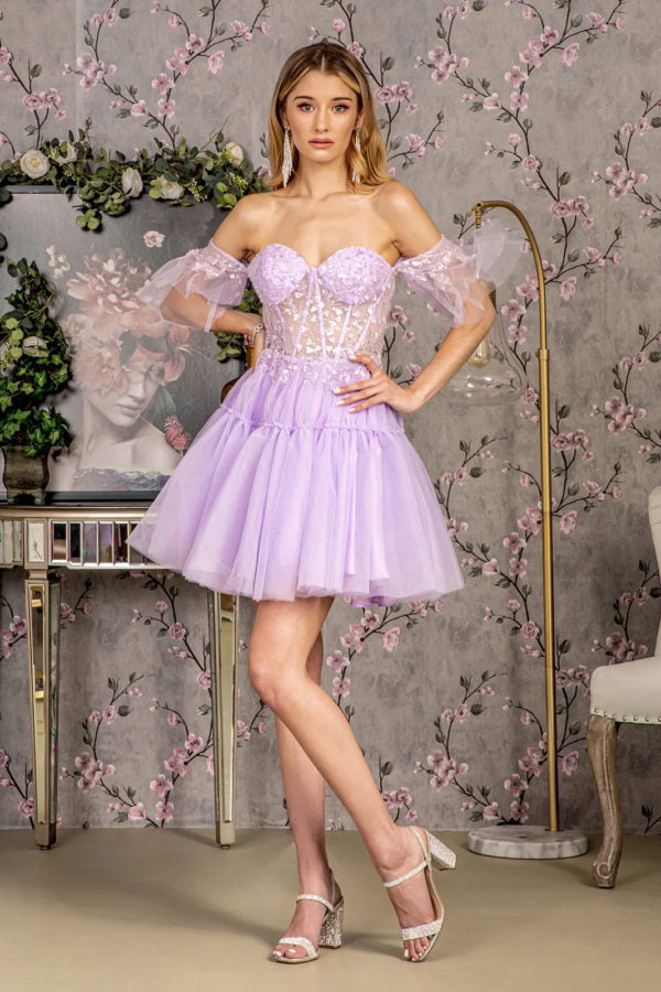 3-D Heart Applique Bead Layered Skirt Mesh A-line Long Dress