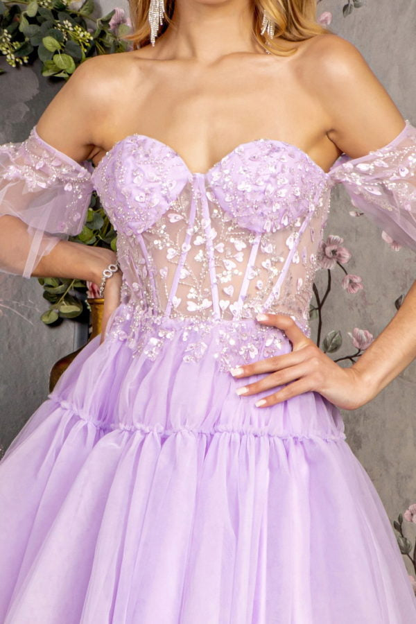 3-D Heart Applique Bead Layered Skirt Mesh A-line Long Dress