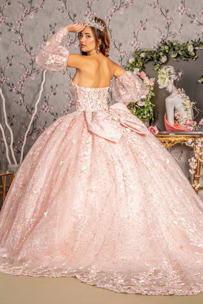 Detachable Big Ribbon Glitter Mesh Ball Gown w/ Long Puff Sleeves